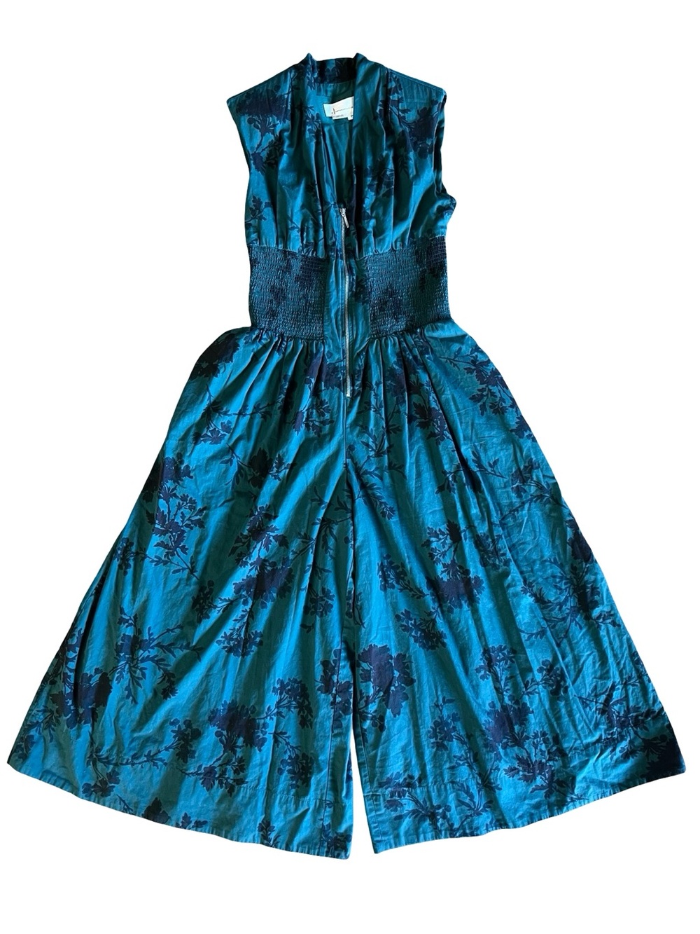 Anthropologie The Tommie Cap-Sleeve Smocked Front-Zip Floral Green Jumpsuit SP